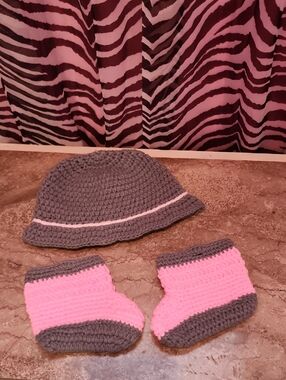 Gray and Pink Crochet Baby Hat and Booties Set - Kids Accessories